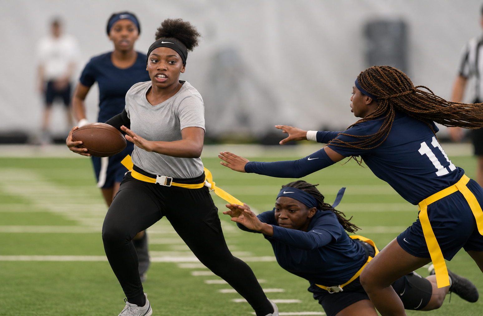 Women's flag football coach with team