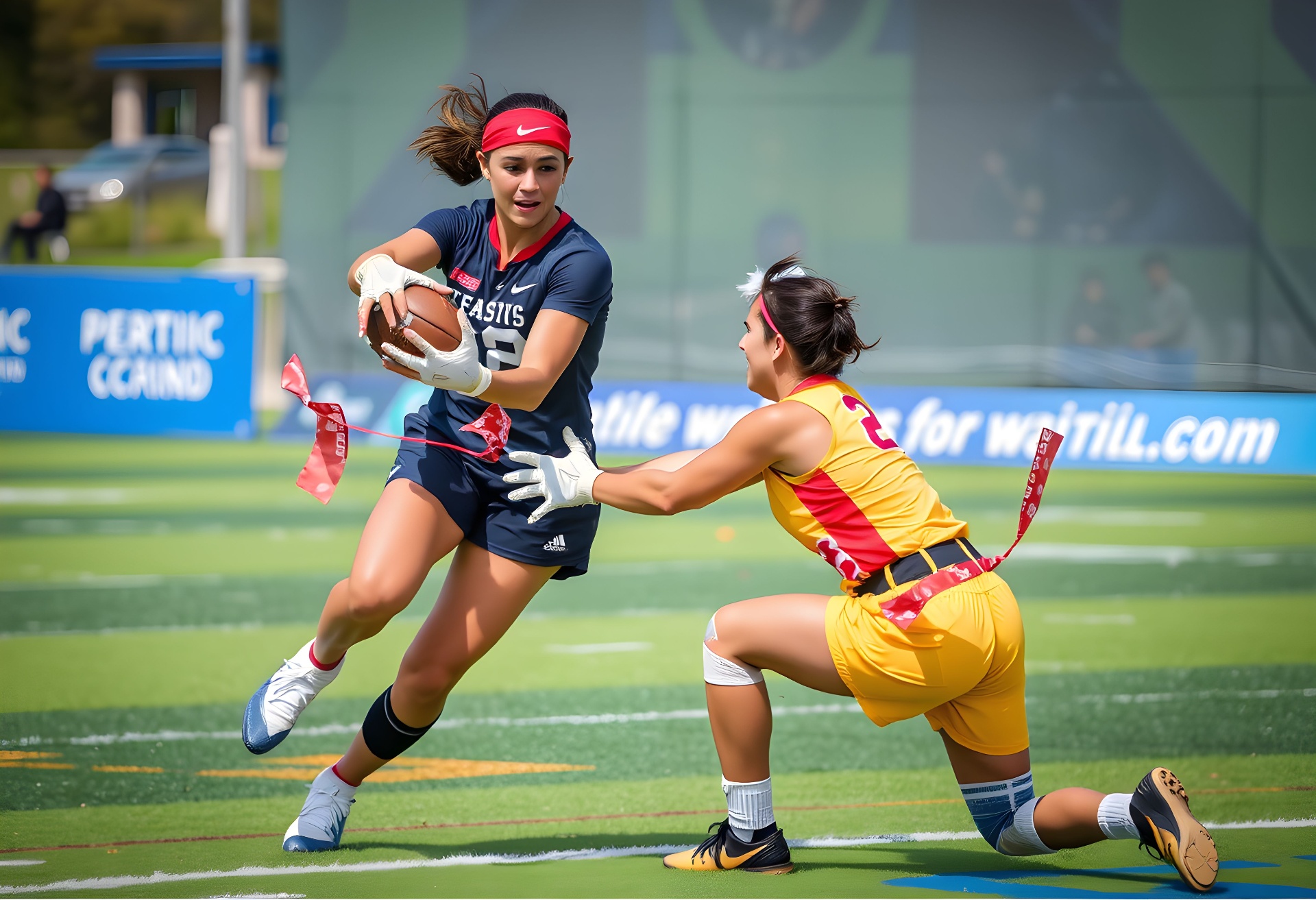 Women’s flag football players competing in a game