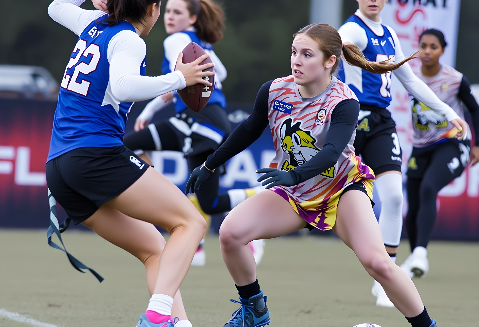 Women’s flag football players competing in a game