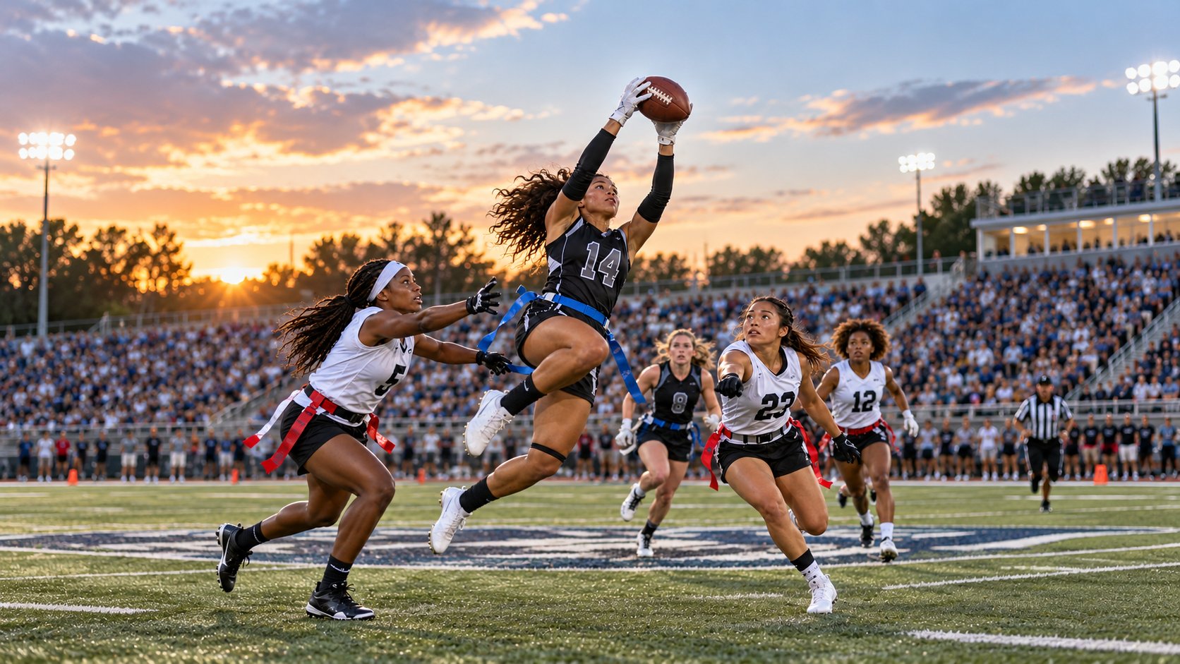 Women’s flag football players competing in a game