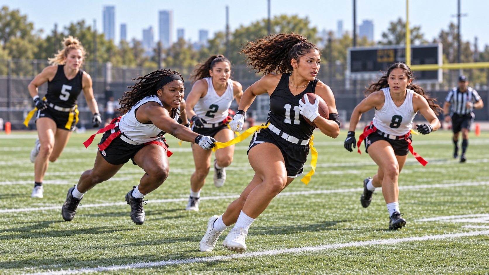 Women’s flag football players competing in a game