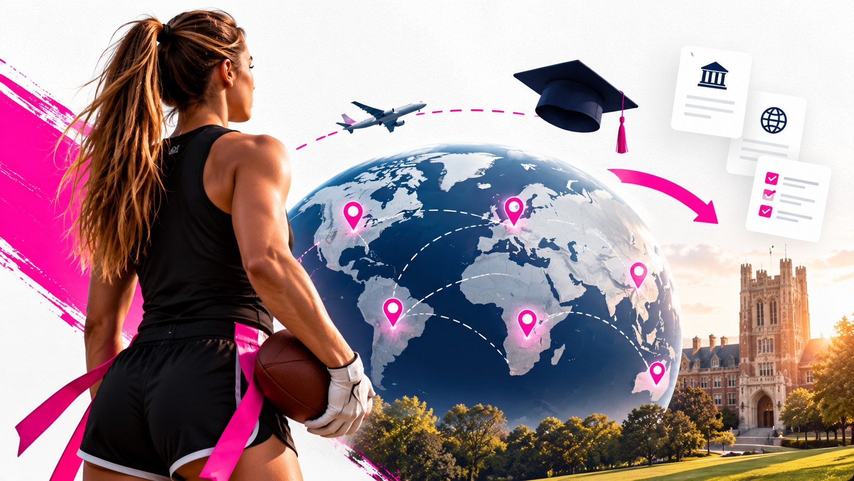 Athlete looking toward a globe of college pathways