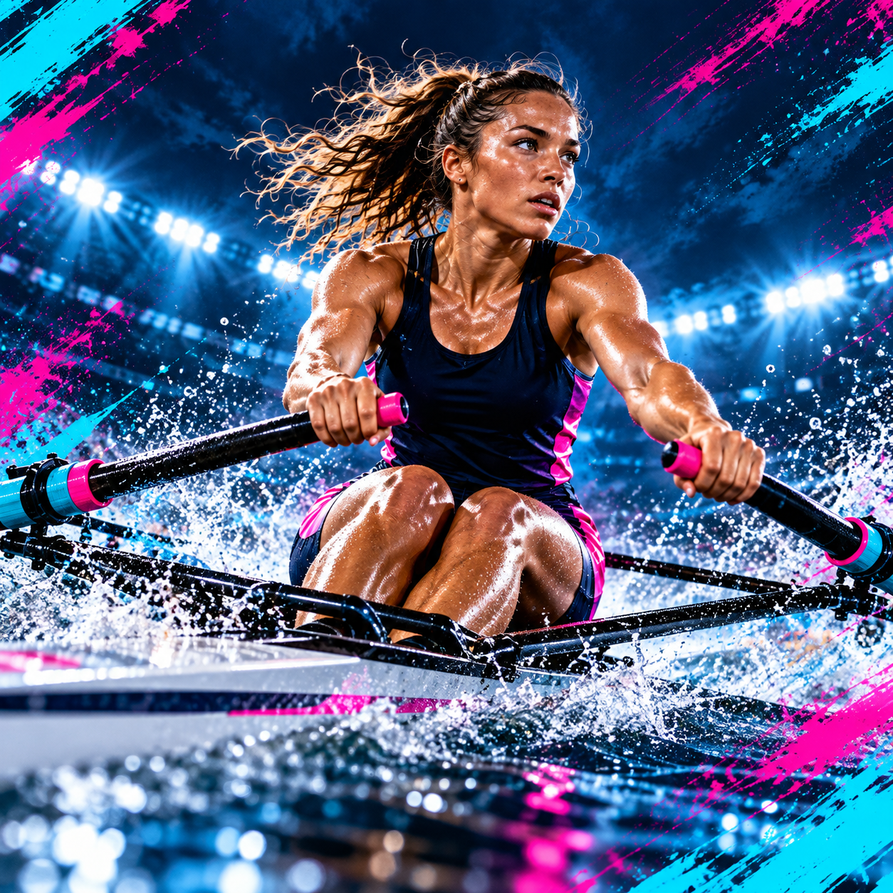 College rower sprinting at night under stadium lights